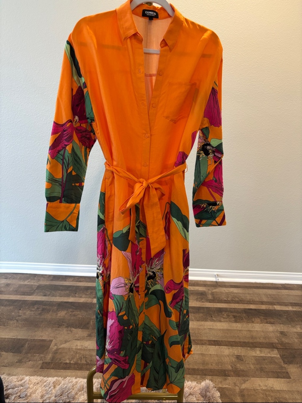Express Orange Tropical Floral Maxi Shirt Dress